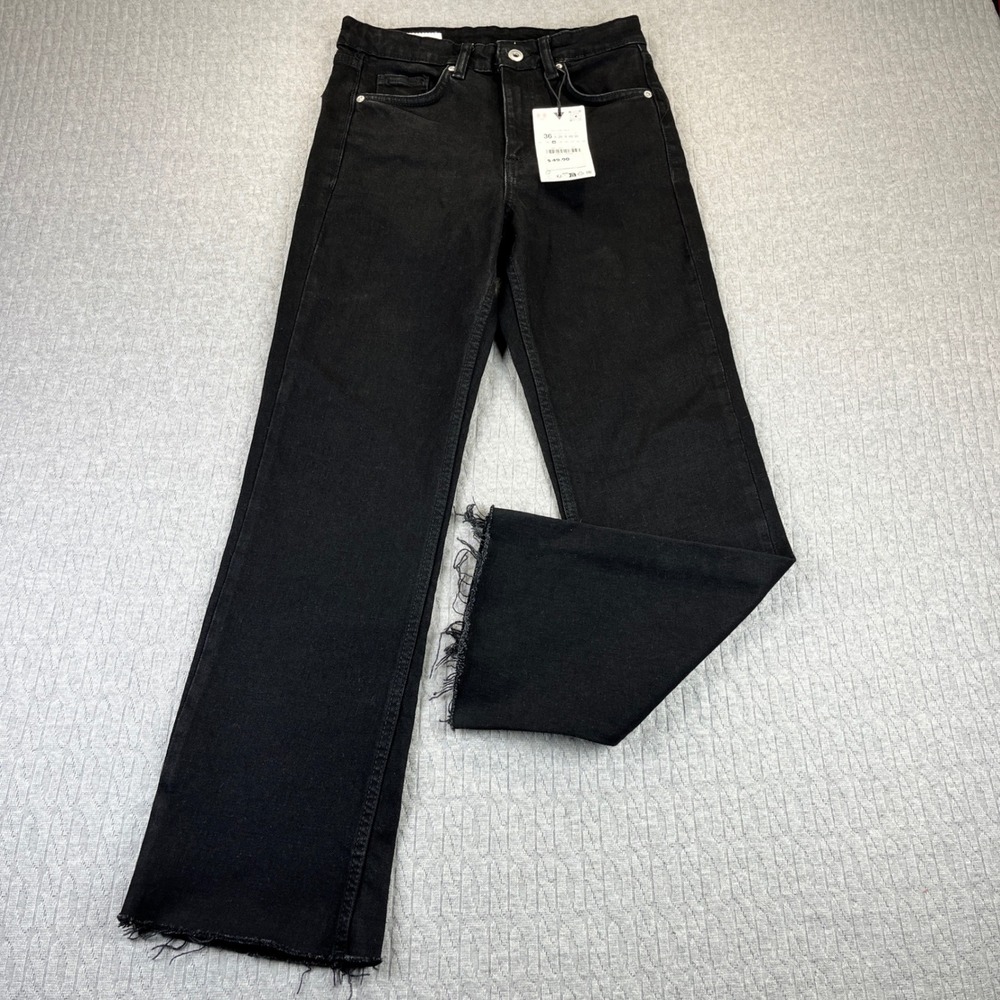 New ZARA Bootcut Black Raw Hem Dress Jeans‎ Women 4/25X27 high-rise